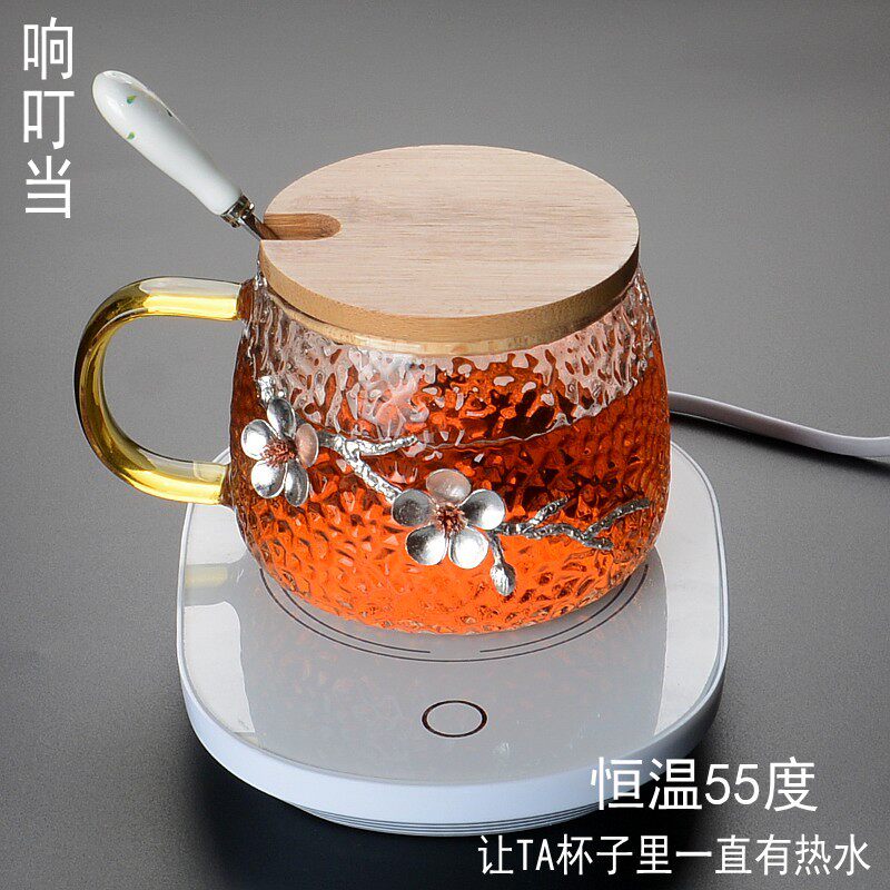 玻璃办公室水杯女生花茶杯镶梅花茶杯带盖带手把杯子创意个性带勺