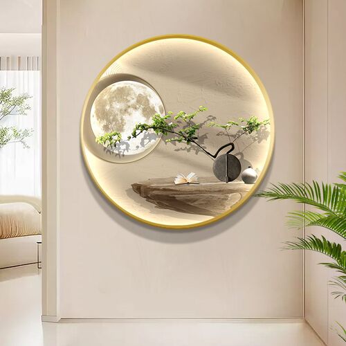 高级感入户玄关走道挂画圆形发光画客厅茶室壁画侘寂风餐厅装饰画