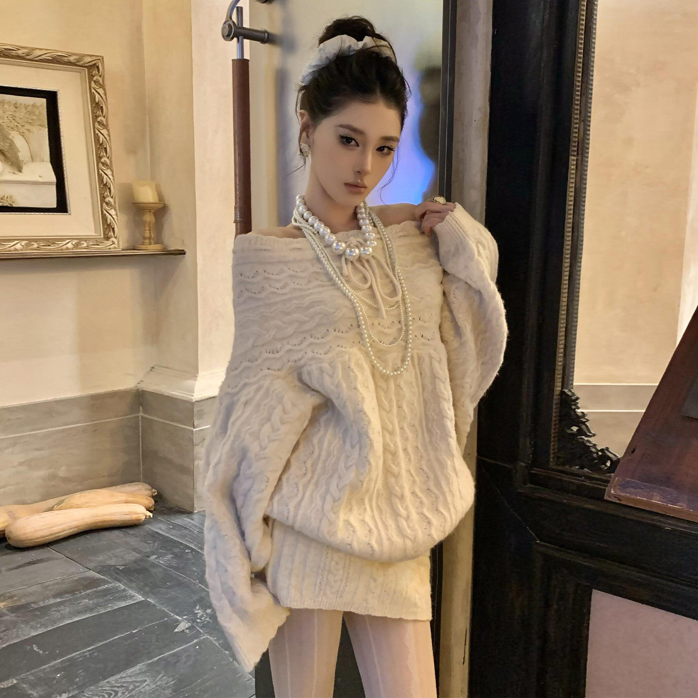 巨好看韩系毛衣包臀短裙套装早春季新款御姐辣妹一字肩针织连衣裙