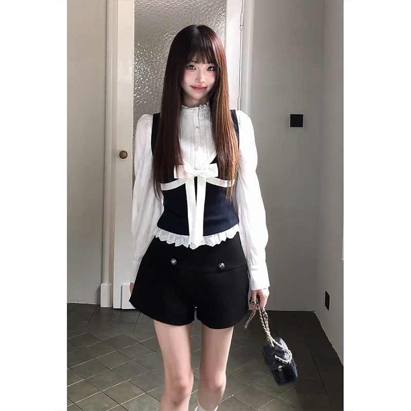 实价韩系温柔风长袖衬衫上衣蝴蝶结马甲背心女高腰短裤套装