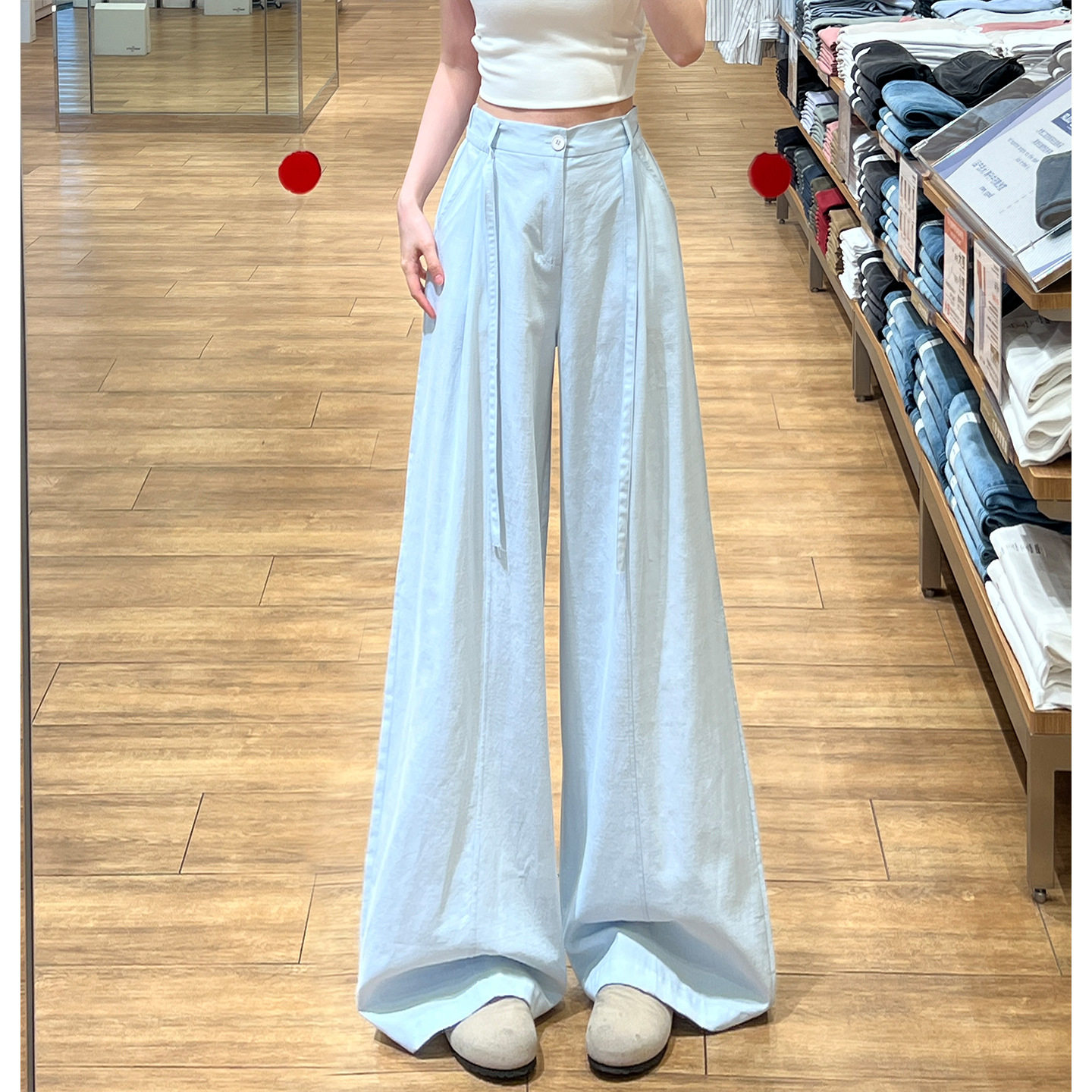 浅蓝色慵懒风西装裤女2026夏季宽松高腰显瘦垂感系带小个子阔腿裤