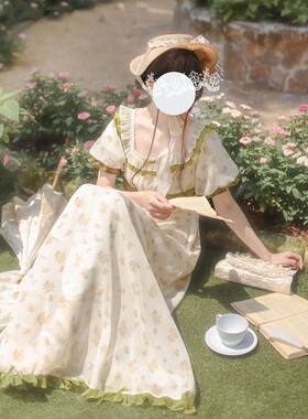 芙洛拉的花园 帝政款cla系复古优雅油画风绿色碎花方领小高腰长裙