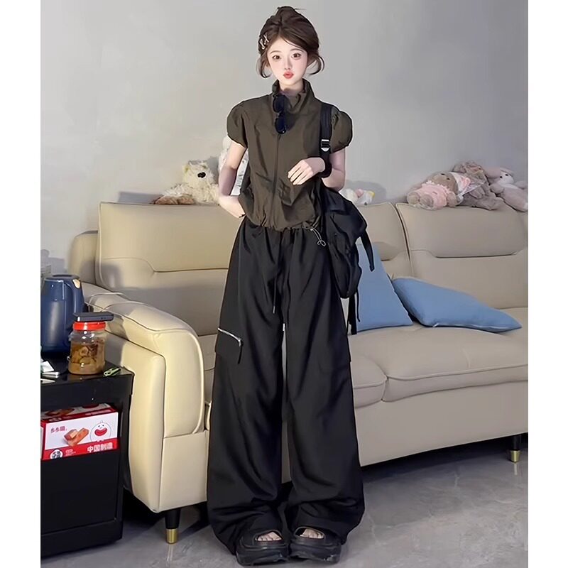 黑色工装裤女款2025新款夏季高腰宽松垂感显瘦休闲风速干运动裤子