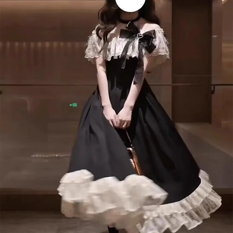 挂脖一字肩片裁显瘦优雅lolita黑色连衣裙子女夏季高级感气质长裙