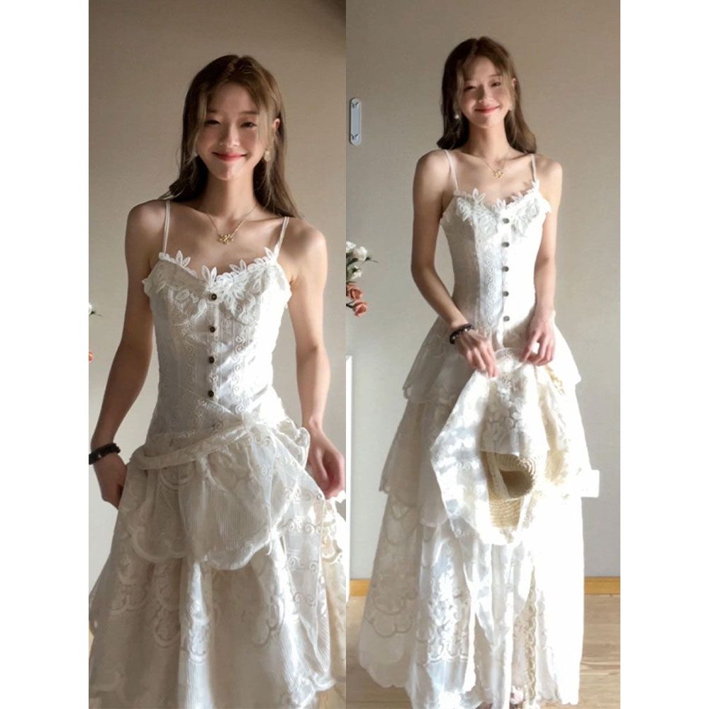 小君君布兰妮 秀款高定系列/独家定位下摆刺绣吊带连衣裙送头巾