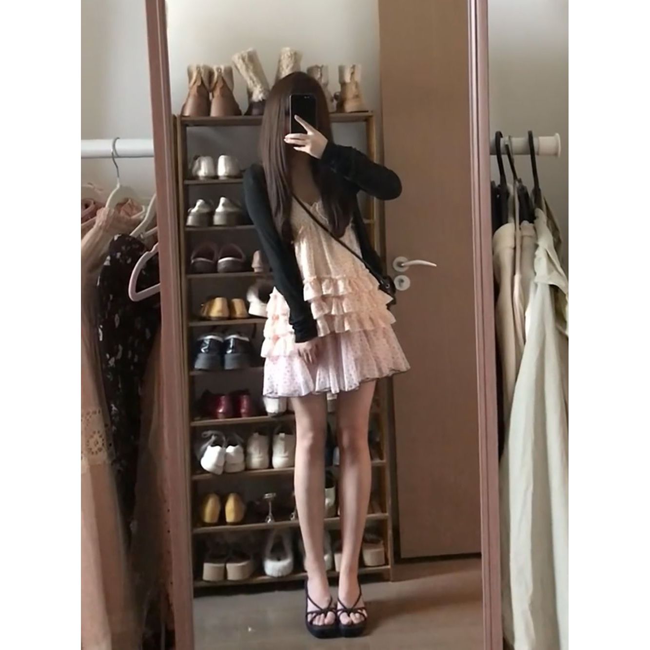 韩版甜美波点连衣裙+黑色开衫套装设计感小个子可爱超仙吊带裙女