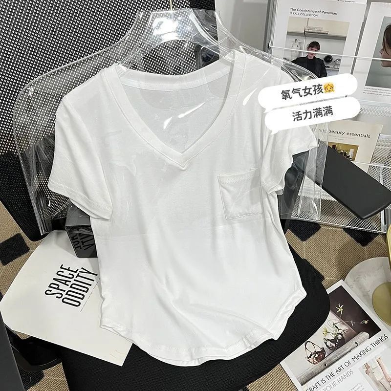 【软】垂坠感锁骨T恤女夏宽松韩版中长款打底衫短袖休闲v领上衣