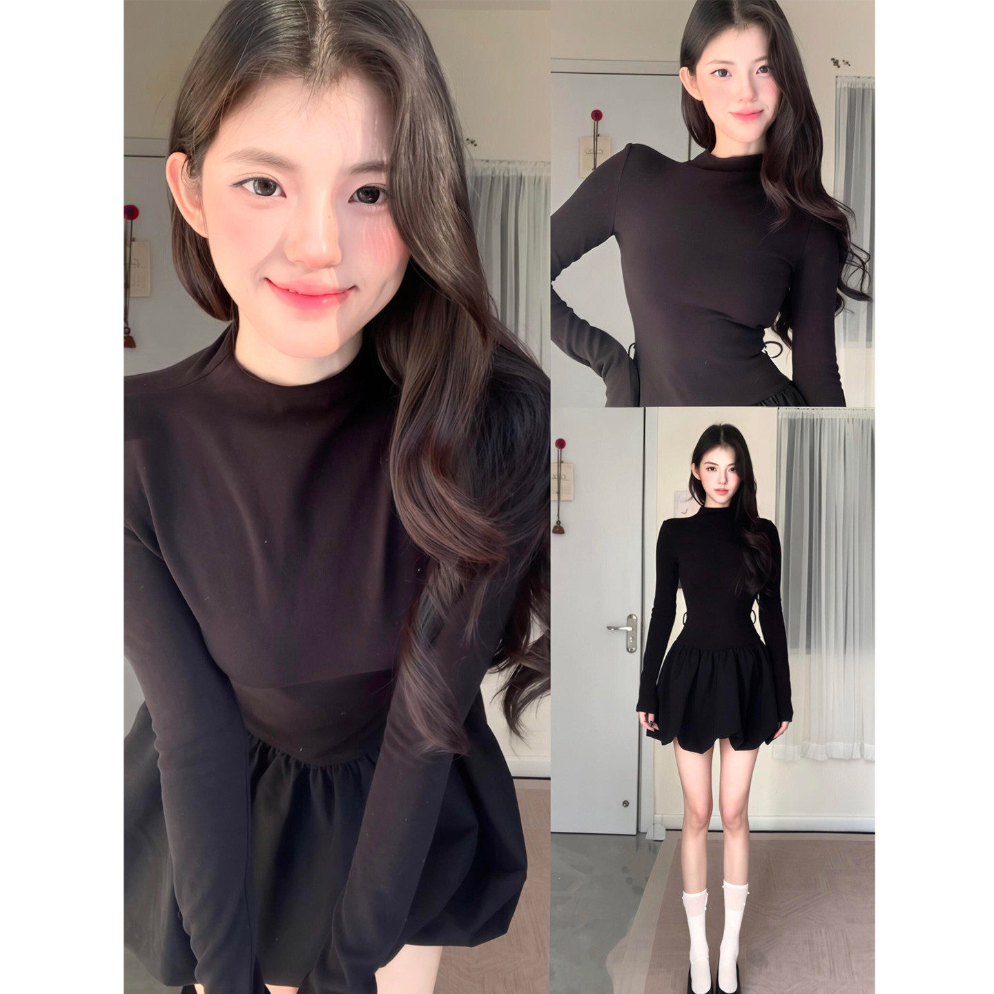 早秋季巨好看黑色长袖连衣裙子女夏2026年新款气质半高领蓬蓬短裙