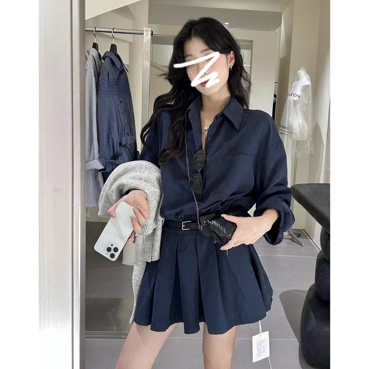 温柔风蓝色衬衫裙两件套女秋季长袖新款洋气时髦高级感