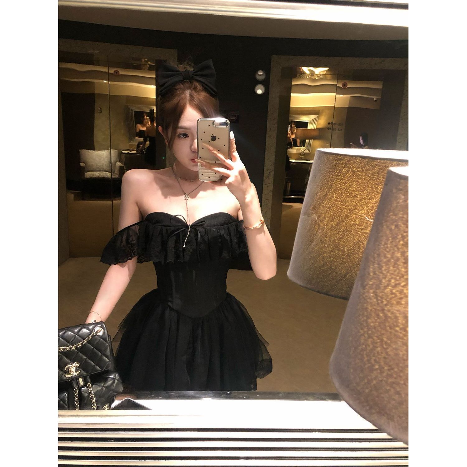 黑色古董少女 一字肩蕾丝花边鱼骨胸衣+半身纱裙气质显瘦两件套装