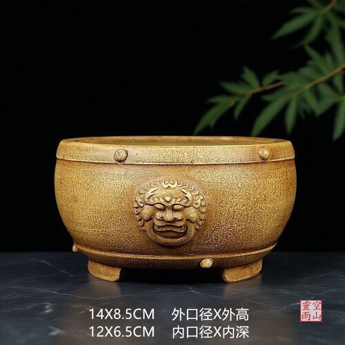 宜兴紫砂盆景精品花盆 全手工仿古狮头圆鼓丁黄段泥多肉菖蒲透气