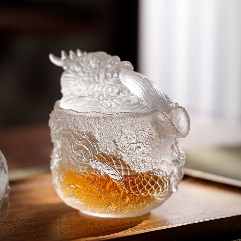 游龙琉璃盖碗功夫茶具茶碗单个高档手工水晶茶杯泡茶碗手抓壶礼盒