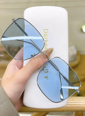 新款韩版潮透明蓝色太阳镜女时尚方形大框金属框浅色镜片眼镜墨镜