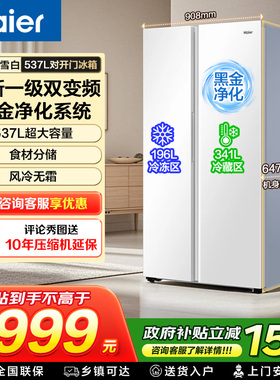 海尔537L对开门双门大容量家用除菌变频风冷无霜一级能效电冰箱