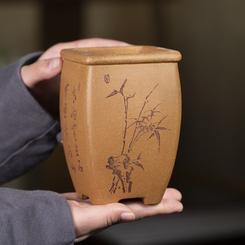 清香阁紫砂 降坡泥曲面四方盆 手工桌面绿植盆景古典花器多肉紫砂