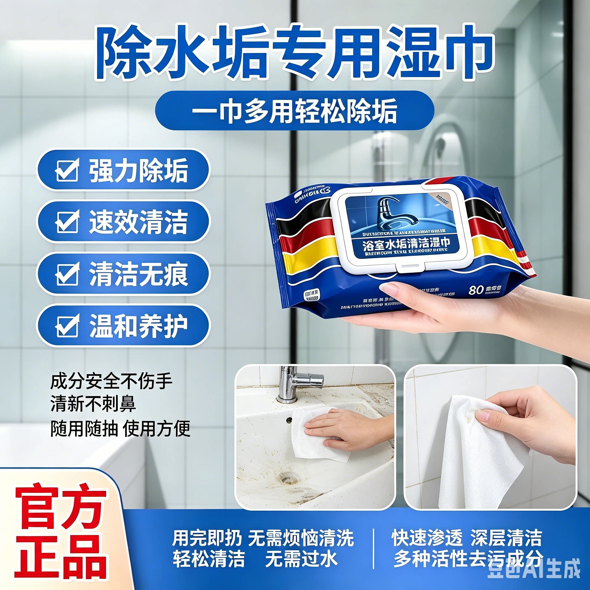 【拍一发四】浴室湿巾水垢清除玻璃水龙头瓷砖洗手池水垢污渍MD4