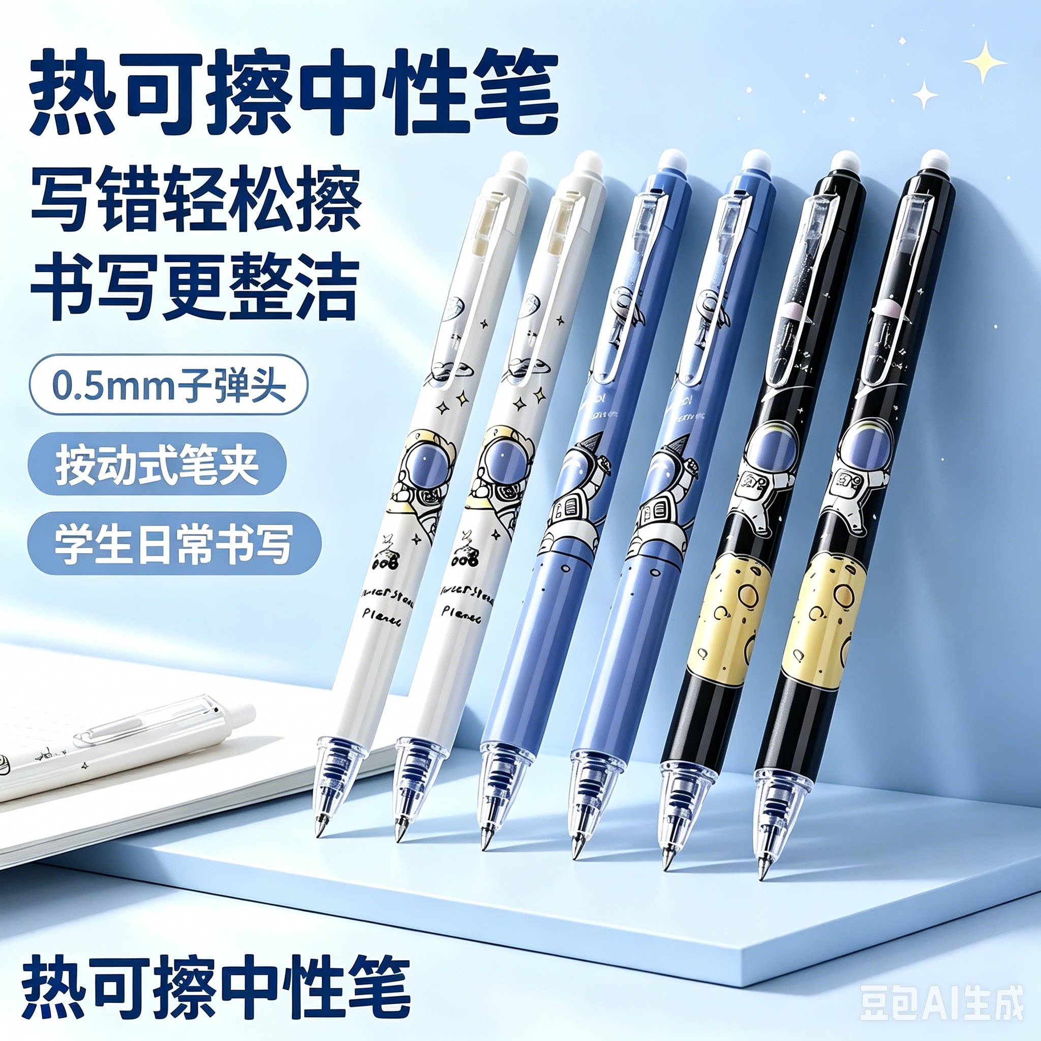 【2026升级款】按动可爱宇航员0.5mm热敏可擦子弹头黑色中性笔MD