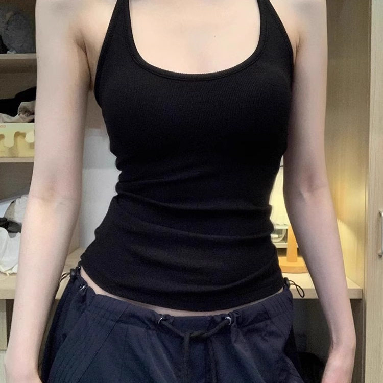黑色挂脖式美背背心女款