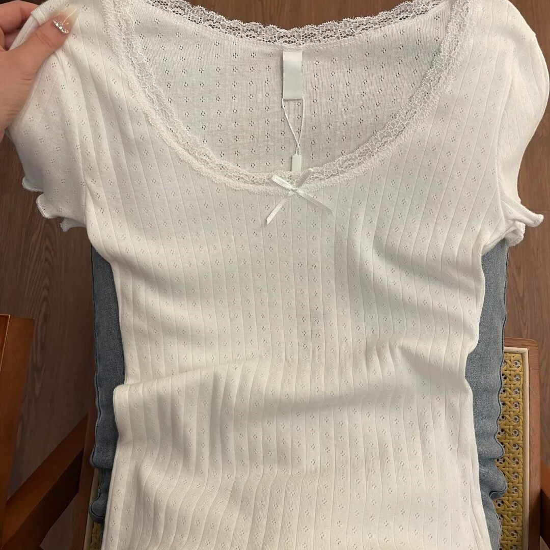 甜美少女感蕾丝花边T恤女