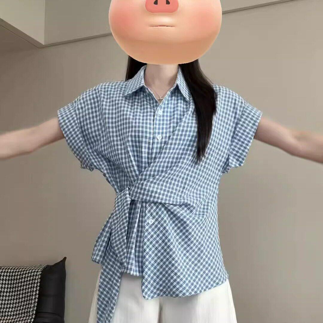 韩系蓝色格子蝴蝶结绑带p