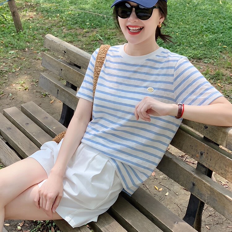蓝色条纹短袖雪花棉T恤女