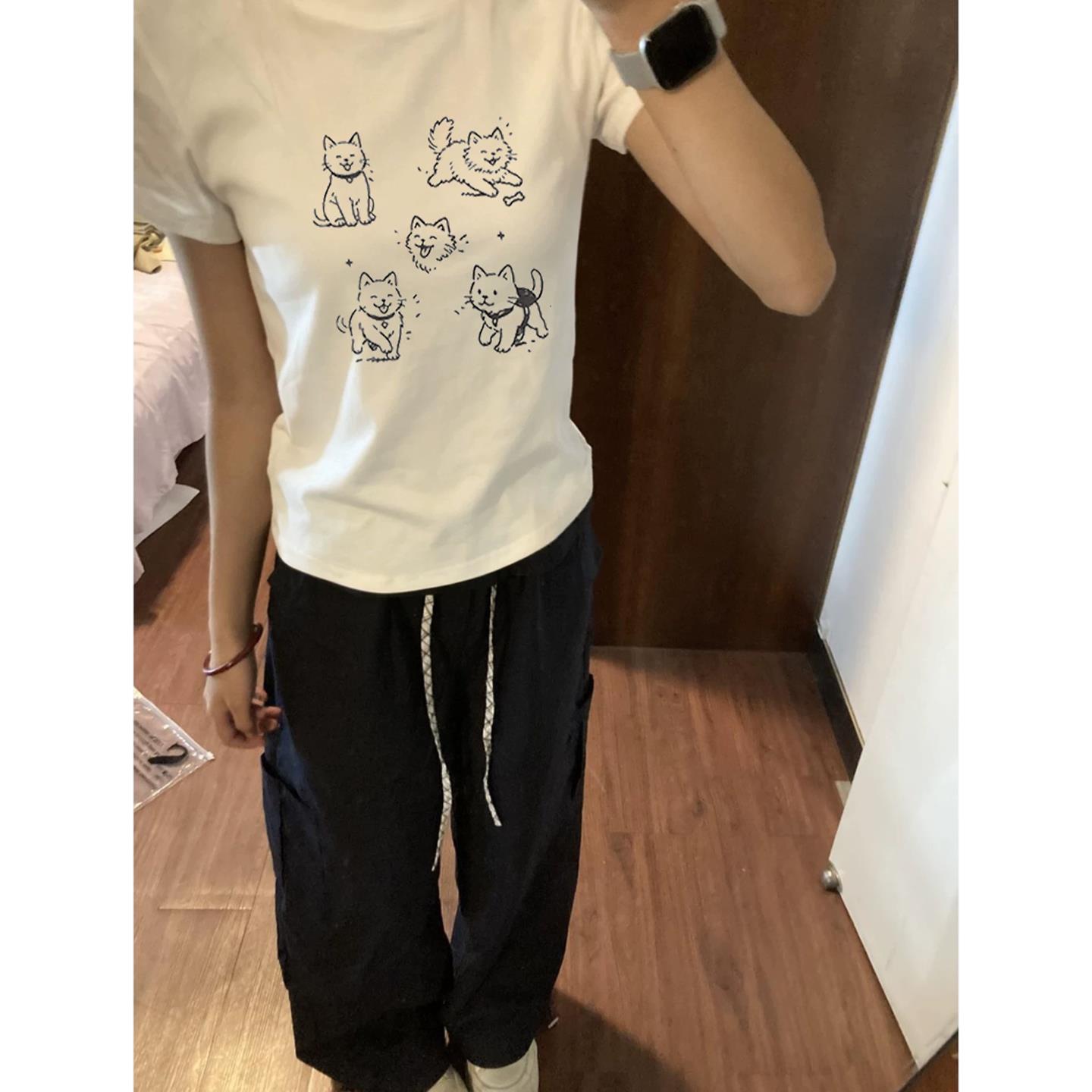 韩系猫咪印花正肩白色短