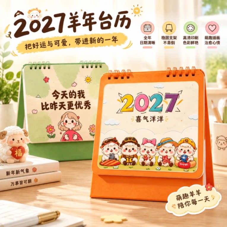 2027年个性创意可爱台历羊年办公桌面打卡日历摆件台历主板木质