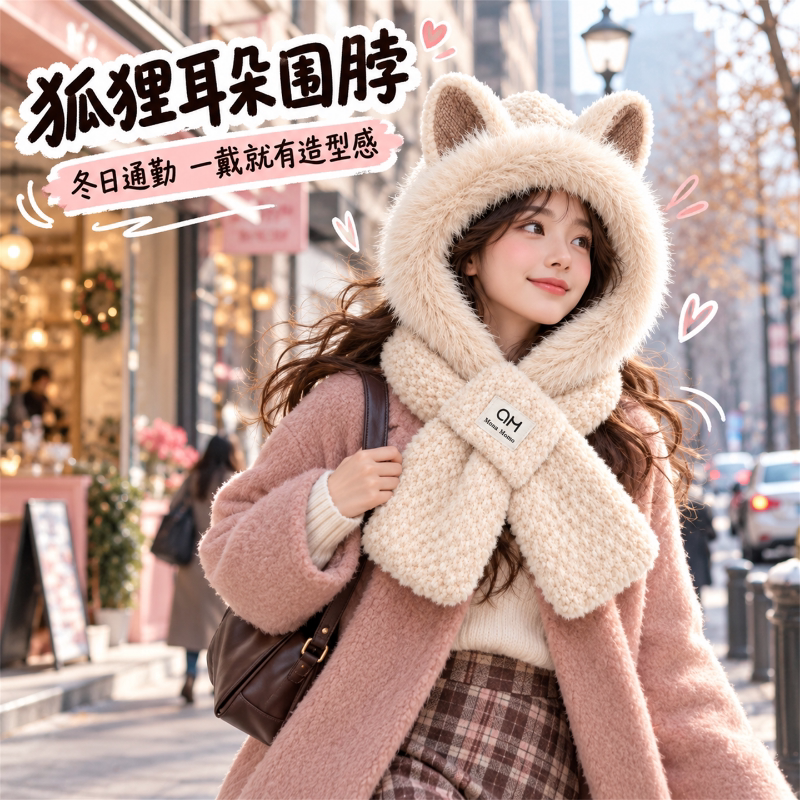 狐狸帽子围巾一体女秋冬骑车加绒保暖护耳毛绒防寒帽韩版甜美可爱
