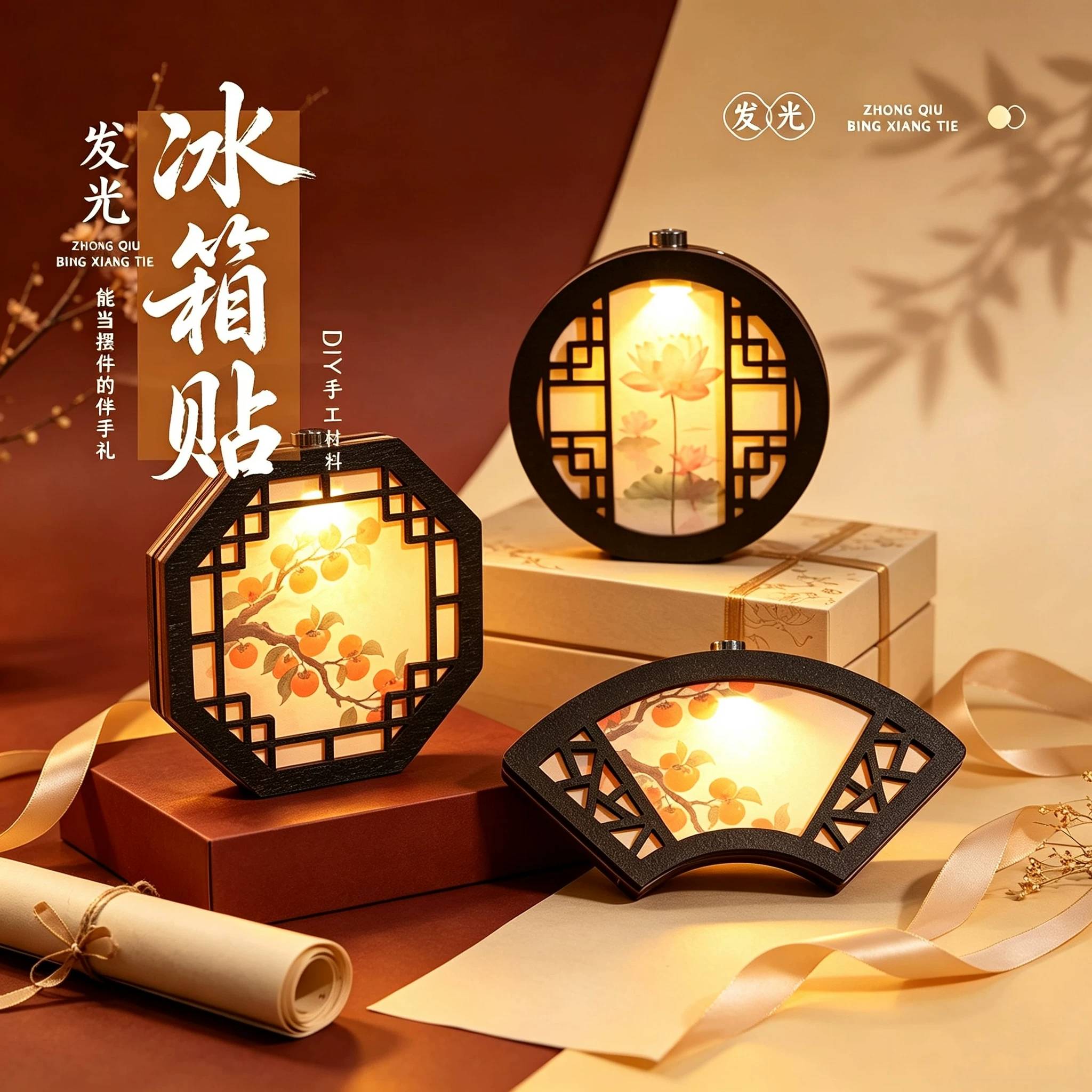 中秋节发光自制冰箱贴手工diy制作材料创意古风木片花窗团建礼物