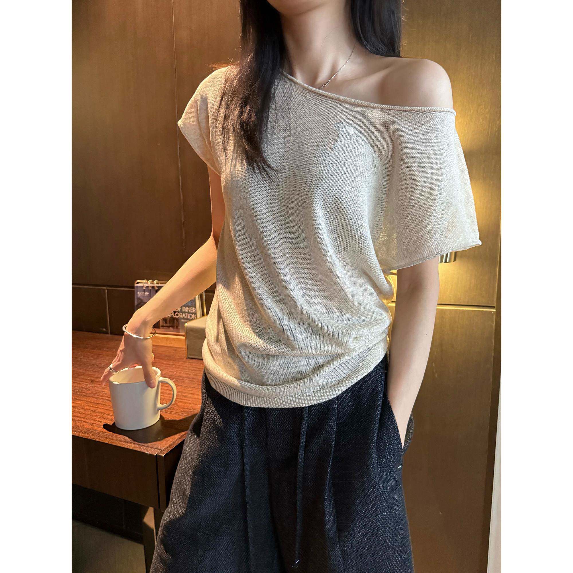 Awencoat 【一衣两穿】天丝亚麻短袖t恤女夏露肩卷边斜肩针织上衣