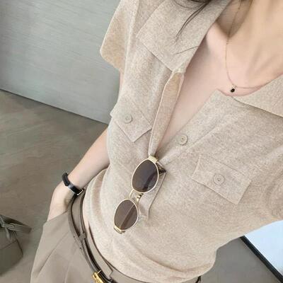 老钱风polo领正肩短袖T恤女夏季高级感修身短款针织衫翻领上衣薄