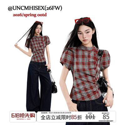 UNCMHISEX 美式复古格子修身短袖t恤女夏辣妹收腰泡泡袖上衣衬衫