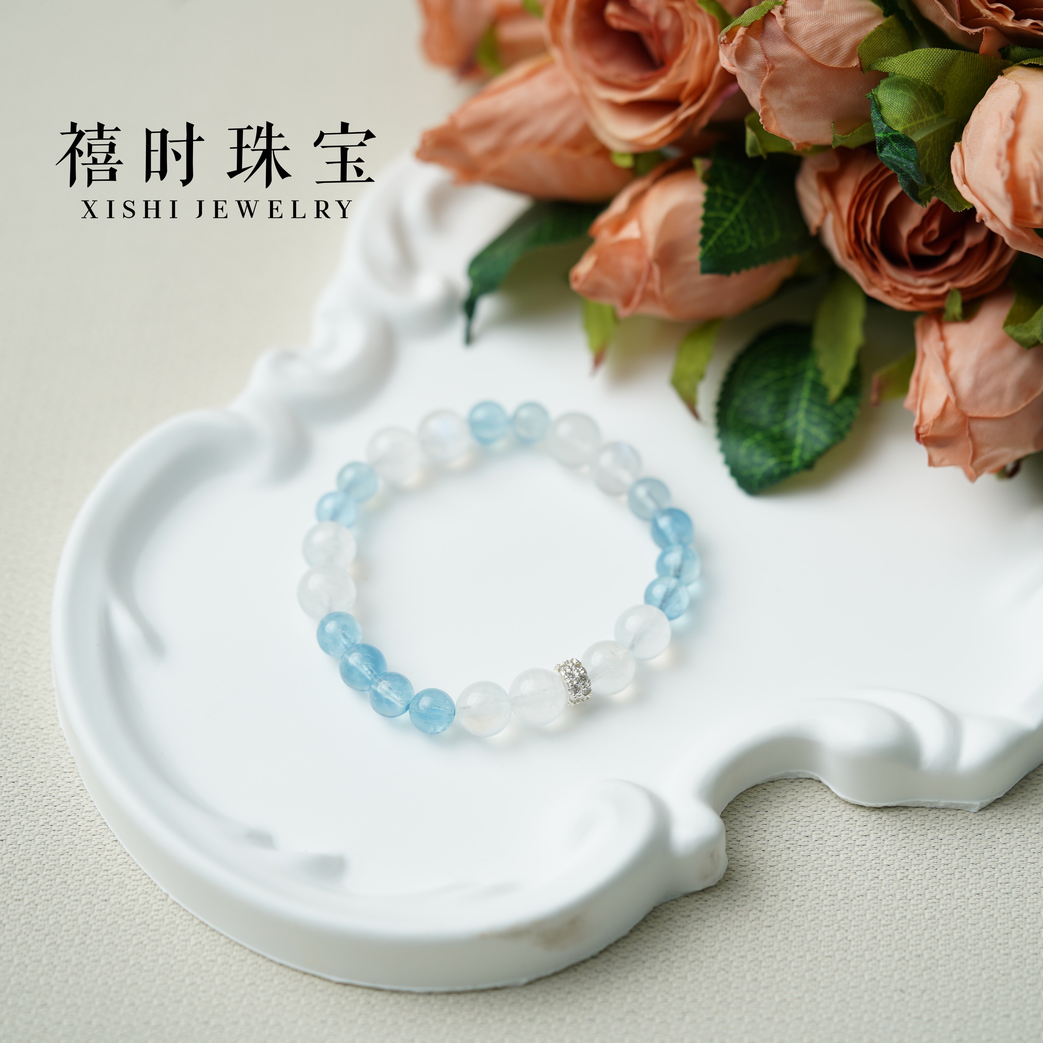 天然海蓝宝月光石手串带钻纯银隔珠日常通勤高级感饰品女生礼物