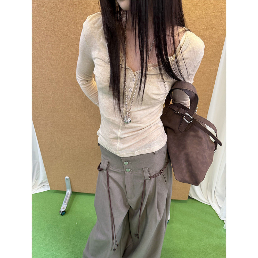 [9hour]杏色亨利扣领柔雾微透氛围蕾丝花边假两件上衣cm260303