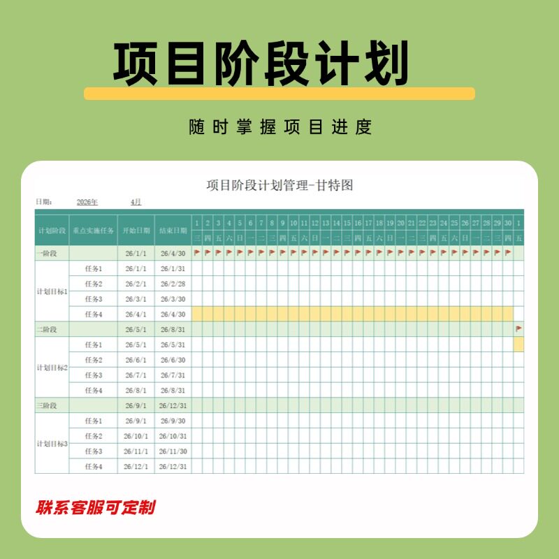 项目阶段计划管理甘特图表格随时掌握进度可定制图片
