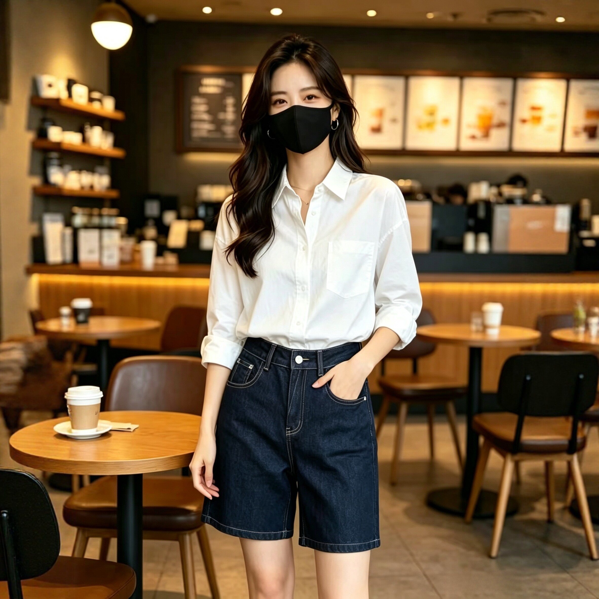通勤高腰深蓝牛仔五分短裤女