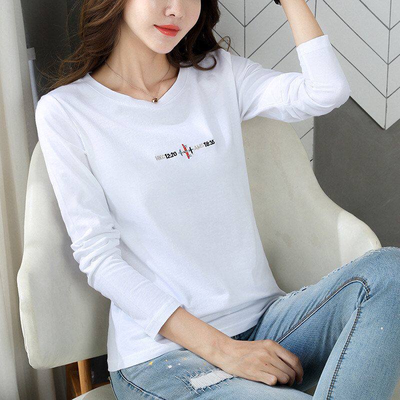 242 白色长袖t恤女春秋新款时尚刺绣内搭打底衫薄款棉质体恤上衣