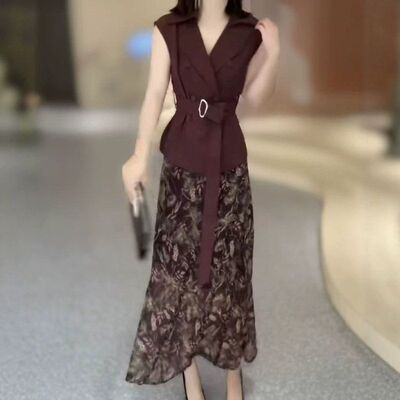 2621婕妤秀时尚套装女V领腰带马甲碎花半身裙夏季时髦洋气显瘦