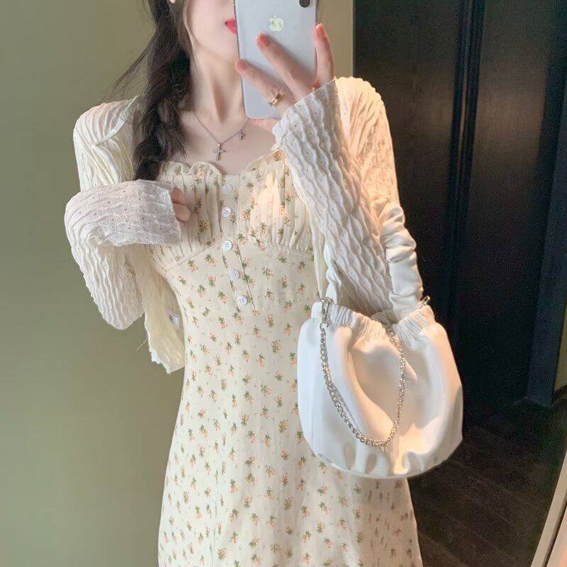 法式新款高级早秋穿搭百搭淑女长款裙子两件装设计感气质穿搭修身