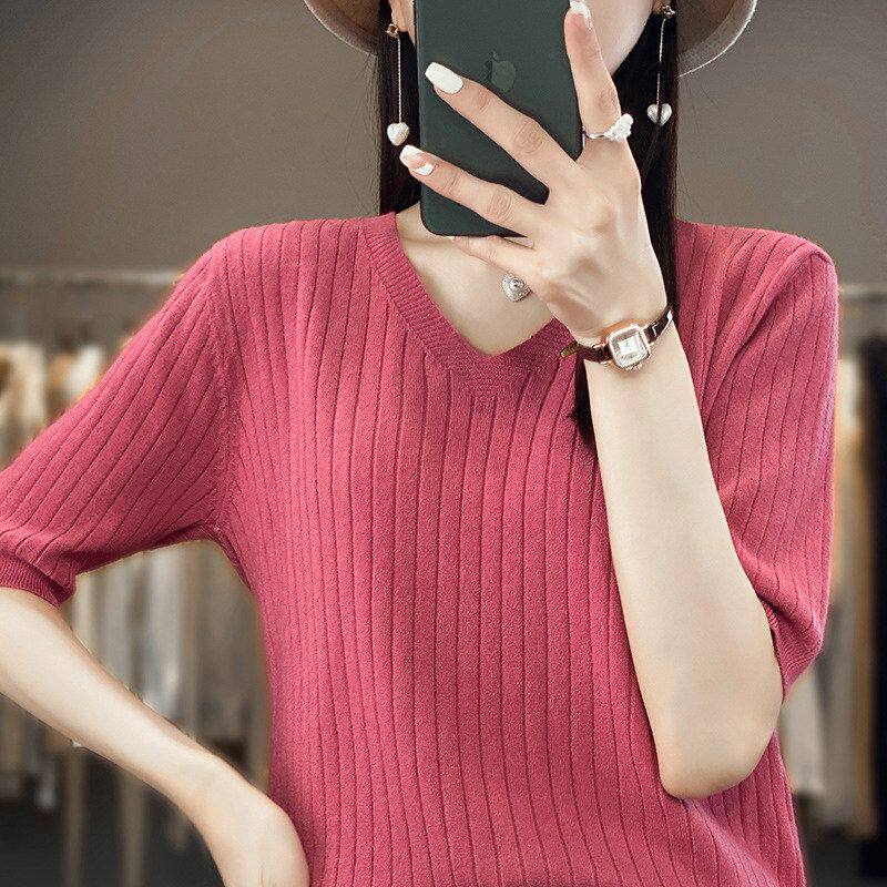 显瘦V领新款内搭毛衣短袖女2025春季套头针织衫白色薄款半袖女t恤