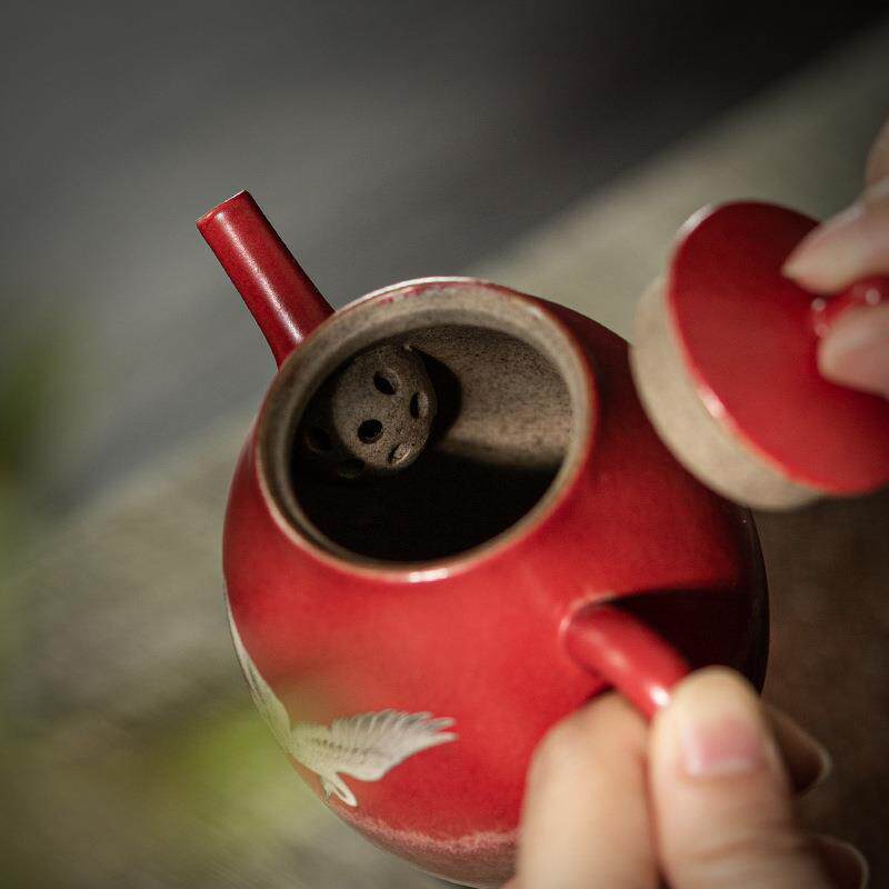 石红釉瑞鹤茶壶粗陶茶壶泡茶器家用窑变仿古单壶陶瓷茶具过滤