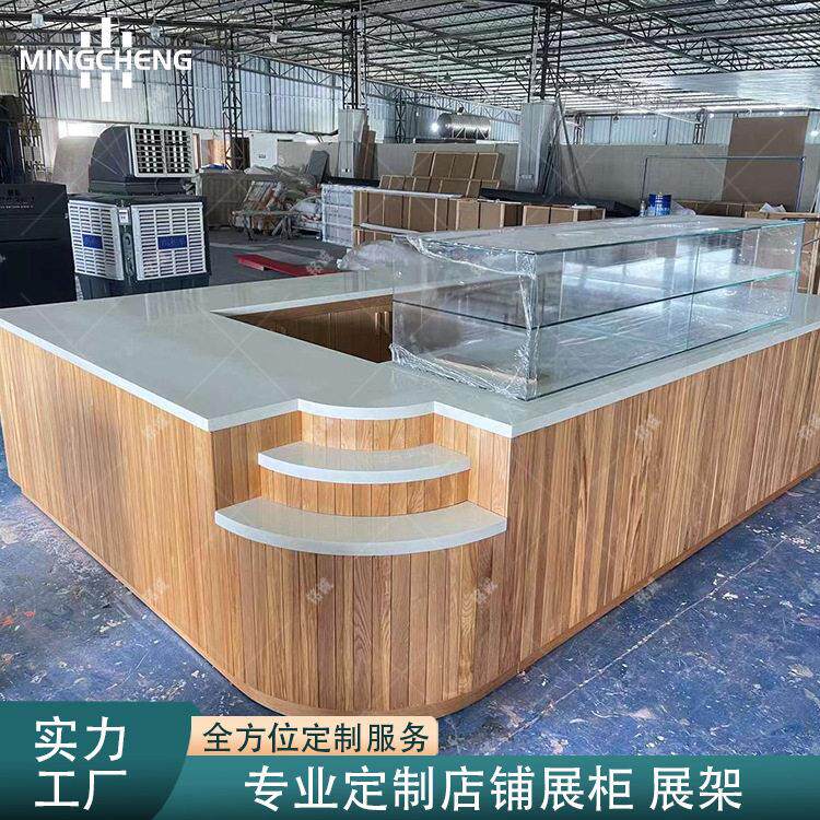 早餐店面包烘焙展示台玻璃木纹饰面牛角包甜点货柜展示柜弧形柜台