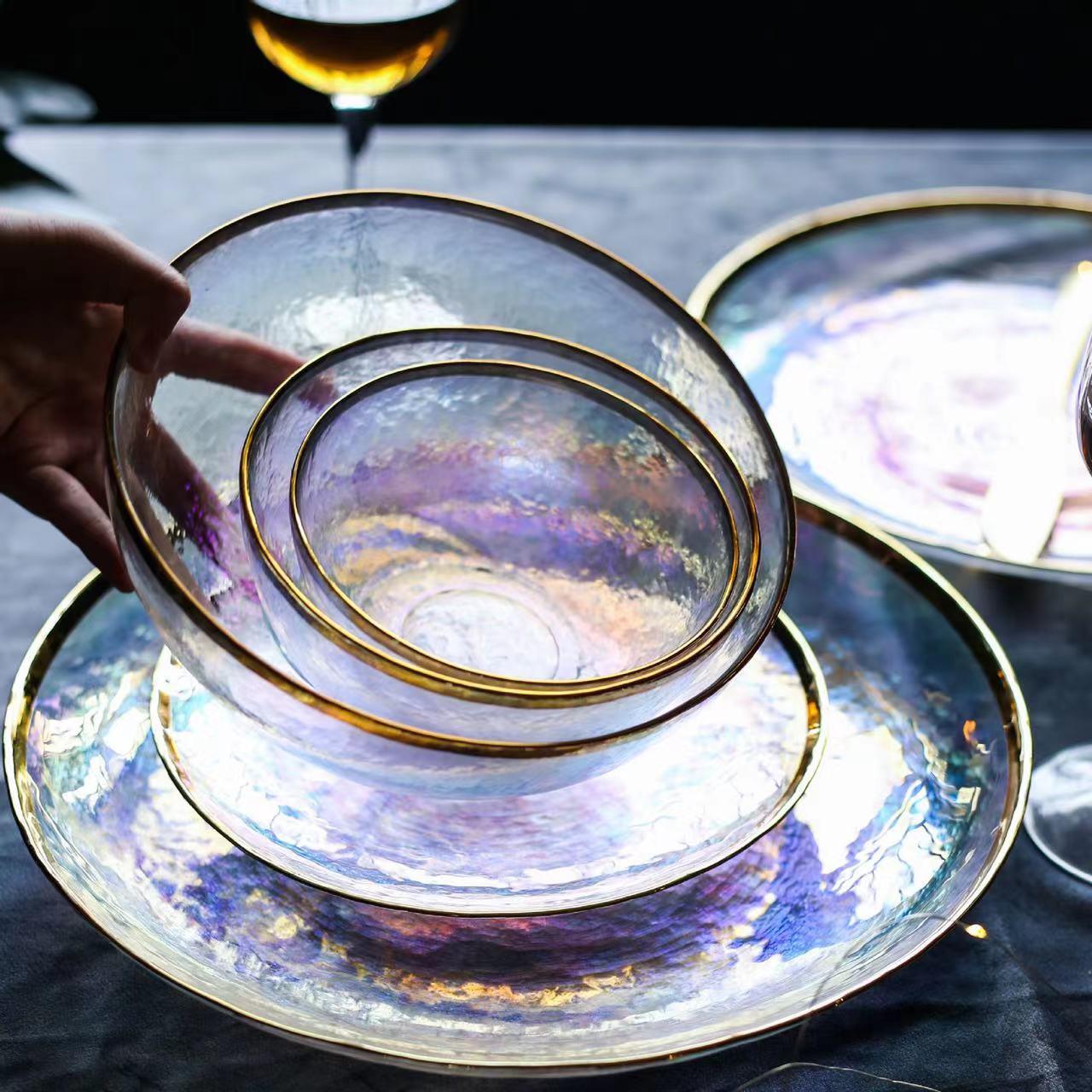 金边玻璃碗沙拉碗家用透明菜盘彩色餐盘圆形水果盘子西餐餐具套装
