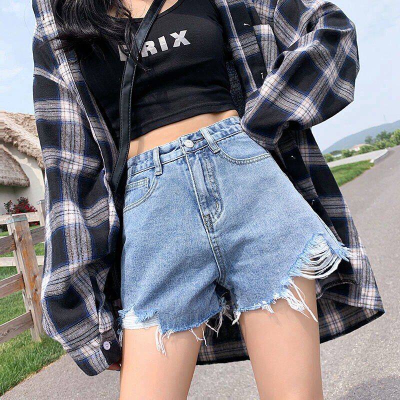 破洞牛仔短裤女2021新款高腰宽松显瘦网红阔腿裤外穿毛边热裤子夏