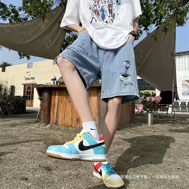 新款破洞牛仔短裤男夏季薄款美式潮牌水洗五分裤子外穿宽松大裤衩