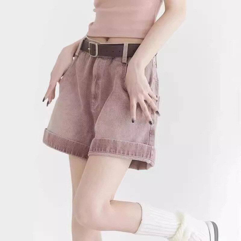 大码高腰牛仔短裤女夏薄款琇红设计感网红炸街辣妹A字阔腿热裤子