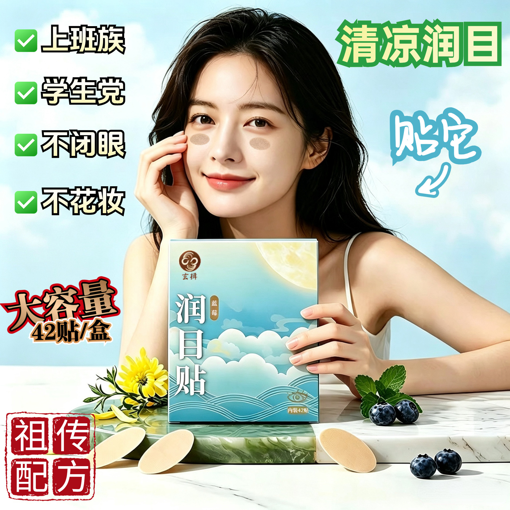 玄揖润目贴滋润眼部眼干眼涩冷敷穴位不闭眼不花妆草本蓝莓护眼贴