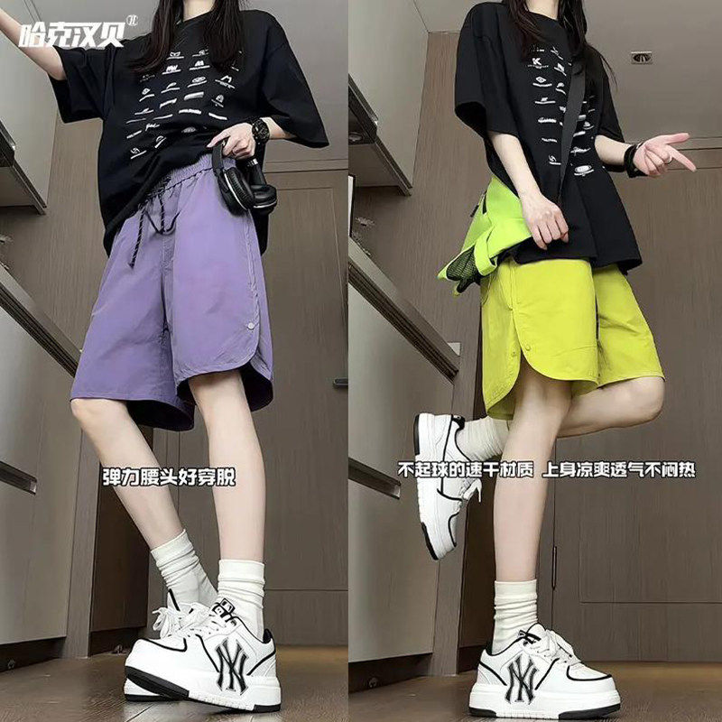 排扣运动短裤女2025新款夏薄款外穿速干五分裤子休闲宽松大尺码五