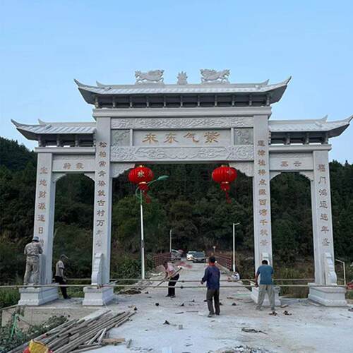 石雕牌楼村口门牌坊门楼寺庙景区广场入口大理石三门牌楼厂家