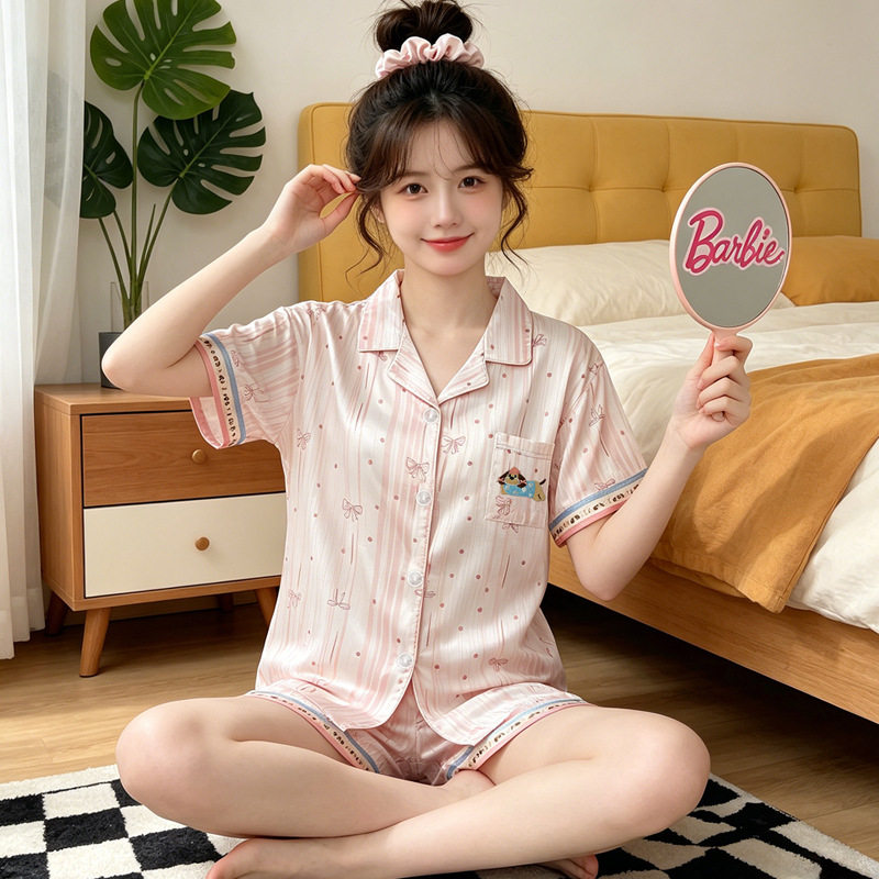 甜美粉色可爱小狗冰丝睡衣女夏季新款短袖套装薄款休闲家居服